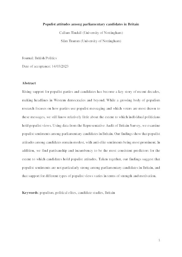 Populist attitudes among parliamentary candidates in Britain Thumbnail