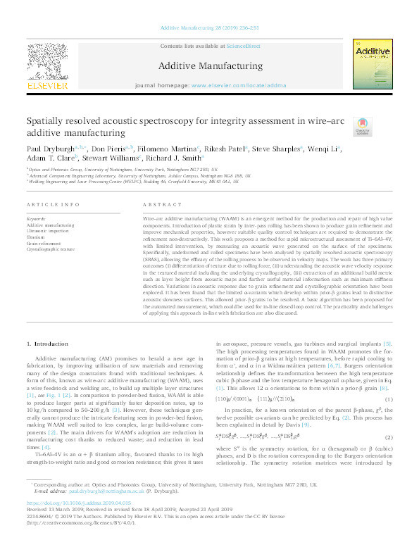 Spatially resolved acoustic spectroscopy for integrity assessment in wire–arc additive manufacturing Thumbnail