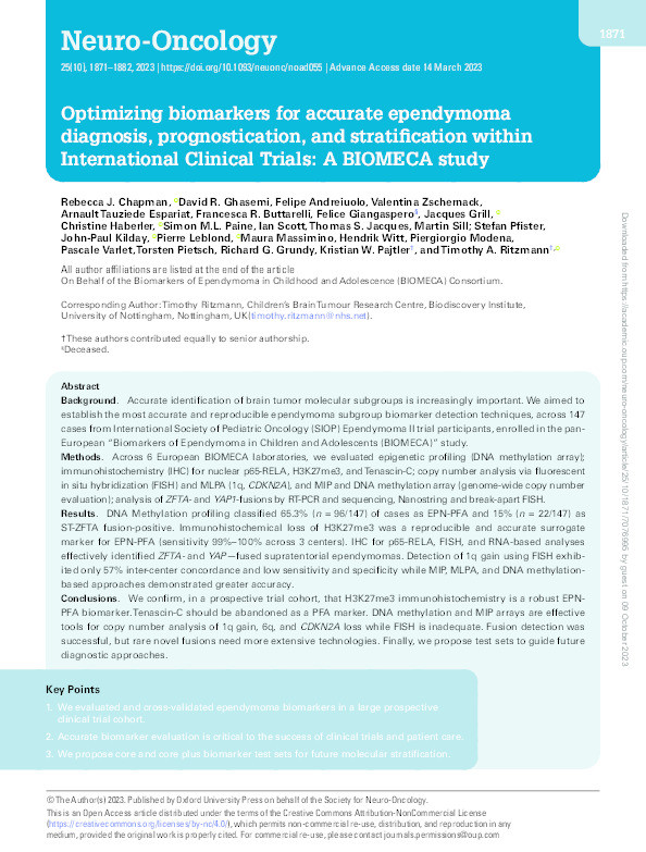 Optimising biomarkers for accurate ependymoma diagnosis, prognostication and stratification within International Clinical Trials: A BIOMECA study Thumbnail