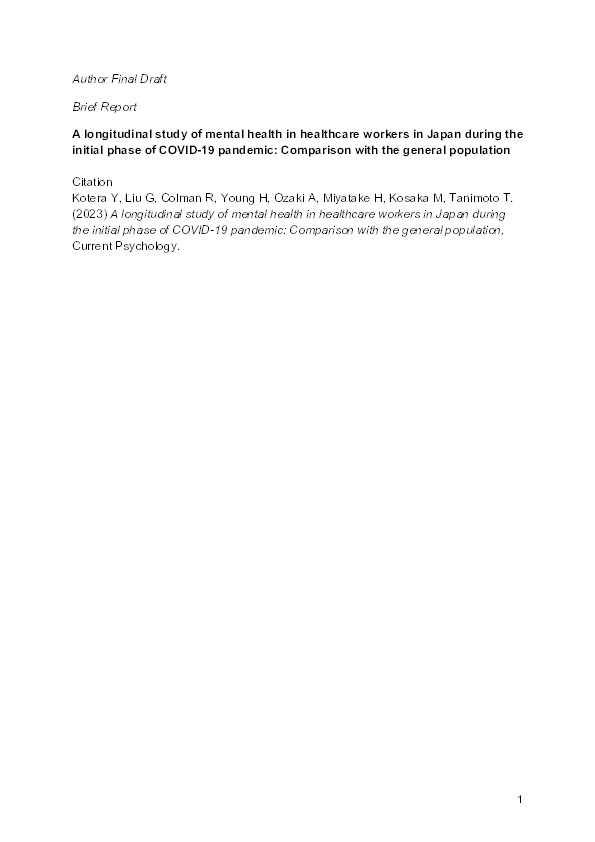 A longitudinal study of mental health in healthcare workers in Japan during the initial phase of COVID-19 pandemic: comparison with the general population Thumbnail