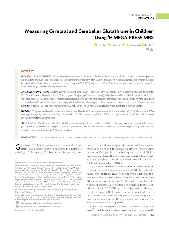 Measuring Cerebral and Cerebellar Glutathione in Children Using 1H MEGA-PRESS MRS Thumbnail