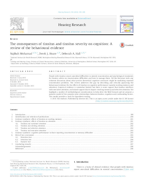 The consequences of tinnitus and tinnitus severity on cognition: A review of the behavioural evidence Thumbnail