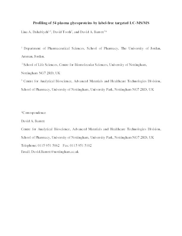 Profiling of 54 plasma glycoproteins by label-free targeted LC-MS/MS Thumbnail