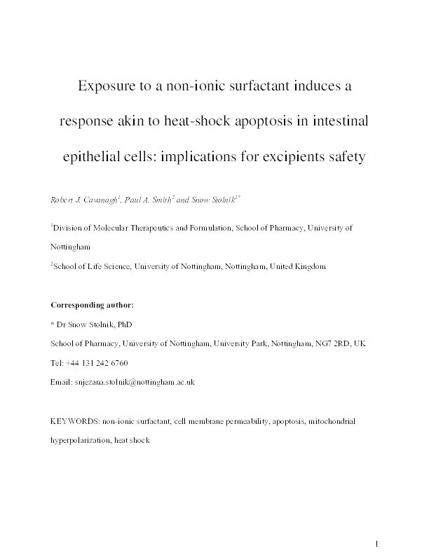 Exposure to a Nonionic Surfactant Induces a Response Akin to Heat-Shock Apoptosis in Intestinal Epithelial Cells: Implications for Excipients Safety Thumbnail