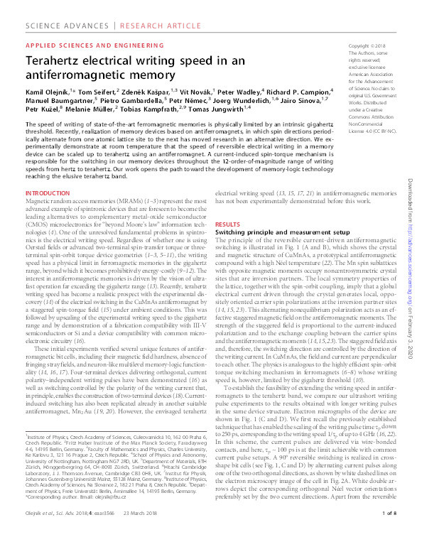 Terahertz electrical writing speed in an antiferromagnetic memory Thumbnail