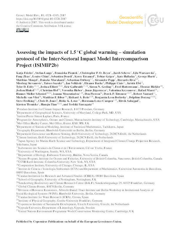 Assessing the impacts of 1.5°C global warming -- simulation protocol of the Inter-Sectoral Impact Model Intercomparison Project (ISIMIP2b) Thumbnail