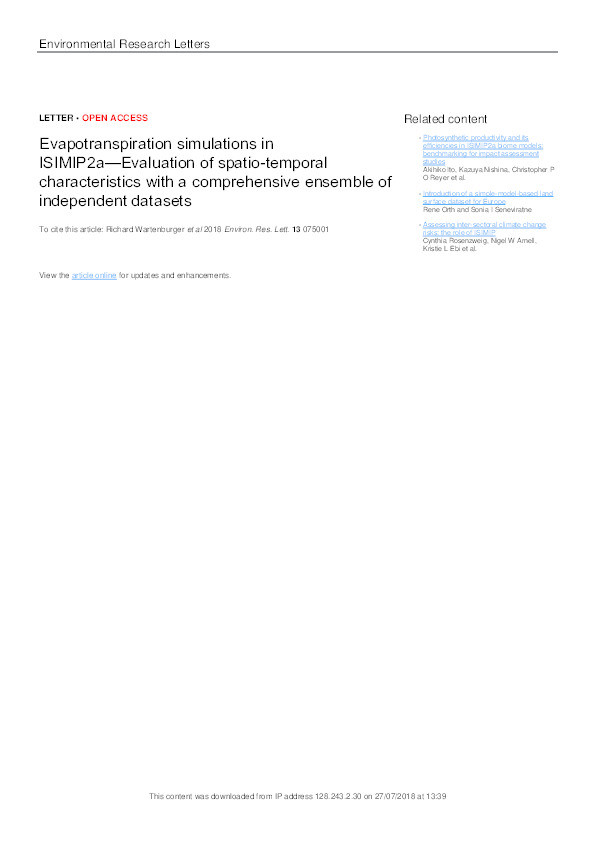 Evapotranspiration simulations in ISIMIP2a—Evaluation of spatio-temporal characteristics with a comprehensive ensemble of independent datasets Thumbnail