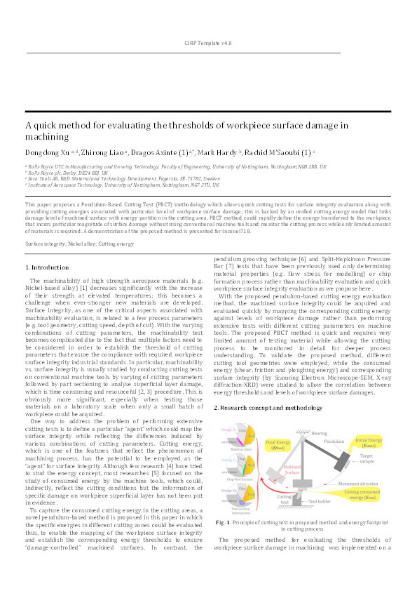 A quick method for evaluating the thresholds of workpiece surface damage in machining Thumbnail