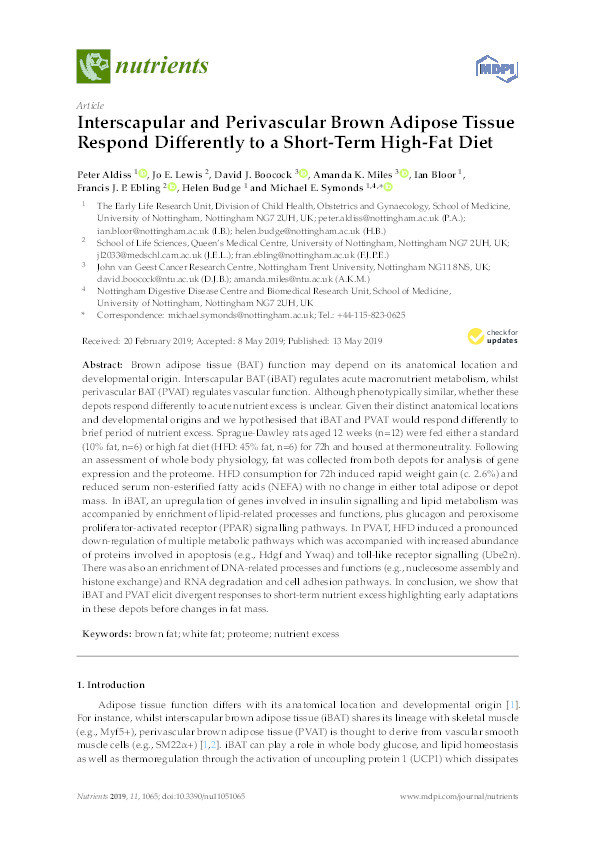 Interscapular and Perivascular Brown Adipose Tissue Respond Differently to a Short-Term High-Fat Diet Thumbnail