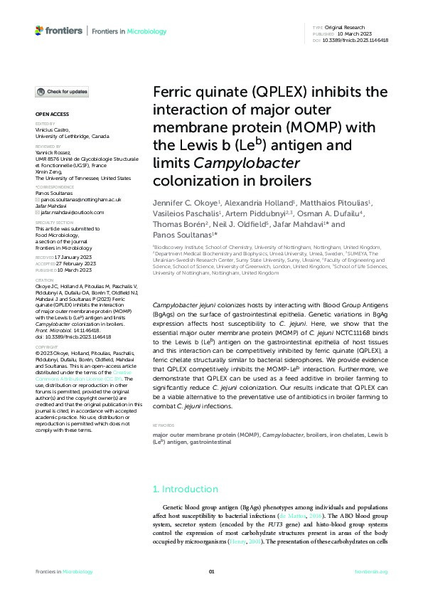 Ferric quinate (QPLEX) inhibits the interaction of major outer membrane protein (MOMP) with the Lewis b (Leb) antigen and limits Campylobacter colonization in broilers Thumbnail