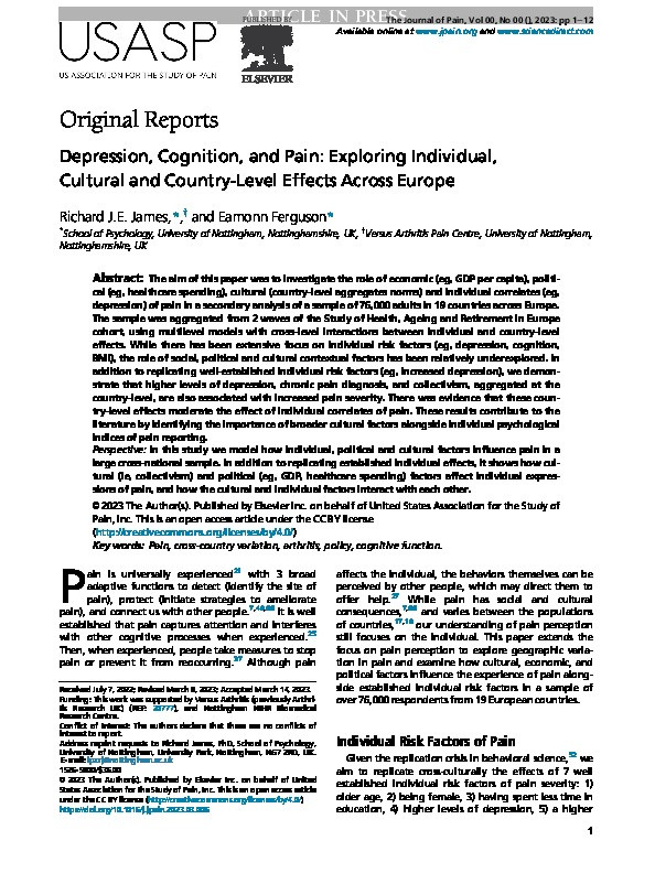 Depression, Cognition, and Pain: Exploring Individual, Cultural and Country-Level Effects Across Europe Thumbnail