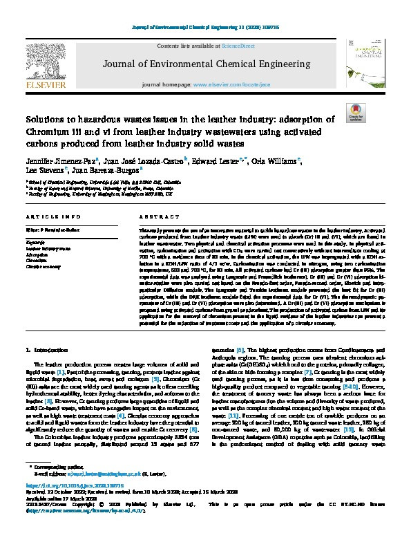 Solutions to hazardous wastes issues in the leather industry: adsorption of Chromium iii and vi from leather industry wastewaters using activated carbons produced from leather industry solid wastes Thumbnail