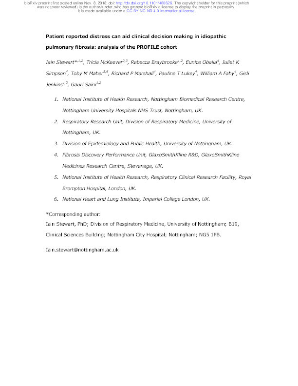 Patient reported distress can aid clinical decision making in idiopathic pulmonary fibrosis: analysis of the PROFILE cohort Thumbnail