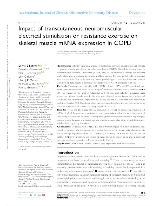 Impact of transcutaneous neuromuscular electrical stimulation or resistance exercise on skeletal muscle mRNA expression in COPD Thumbnail