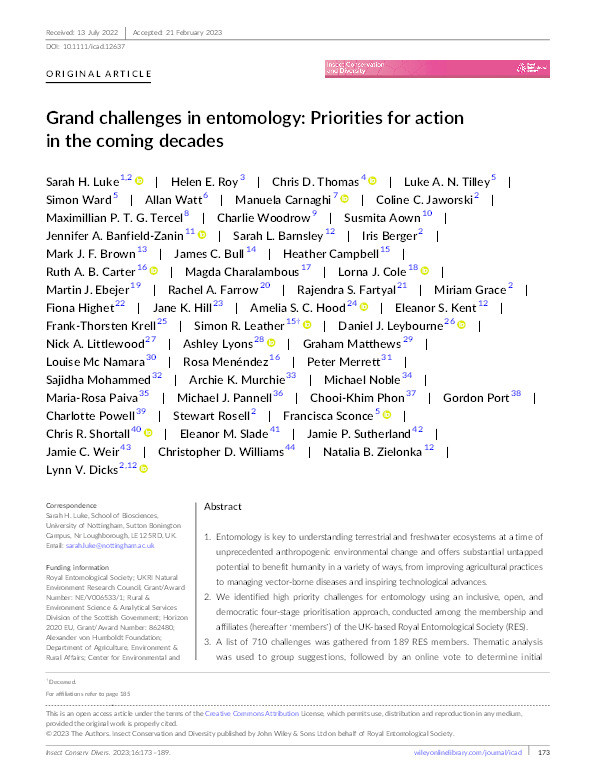 Grand challenges in entomology: Priorities for action in the coming decades Thumbnail