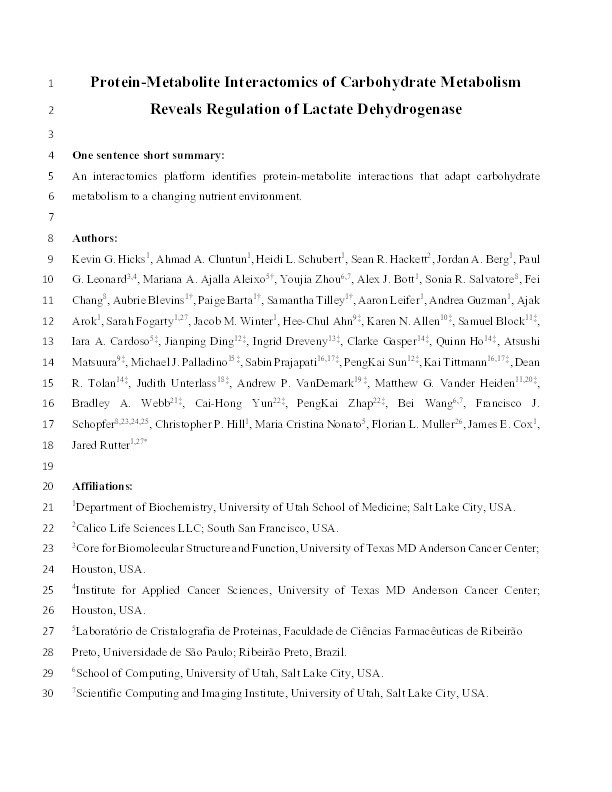Protein-metabolite interactomics of carbohydrate metabolism reveal regulation of lactate dehydrogenase Thumbnail