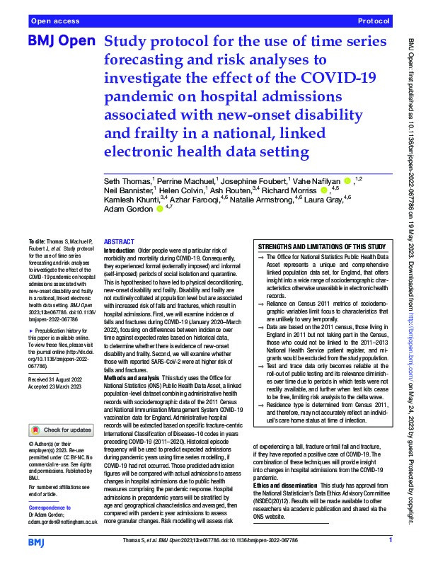 Study protocol for the use of time series forecasting and risk analyses to investigate the effect of the COVID-19 pandemic on hospital admissions associated with new-onset disability and frailty in a national, linked electronic health data setting Thumbnail