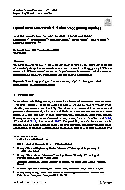Optical strain sensor with dual fibre Bragg grating topology Thumbnail