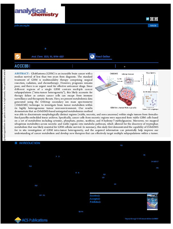 Untargeted Metabolomic Characterization of Glioblastoma Intra-Tumor Heterogeneity Using OrbiSIMS Thumbnail