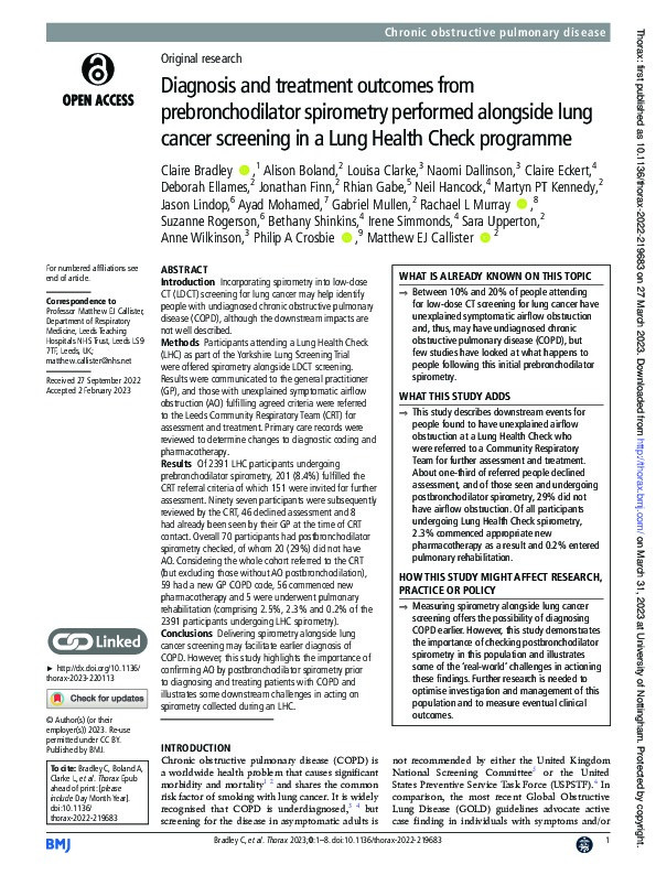 Diagnosis and treatment outcomes from prebronchodilator spirometry performed alongside lung cancer screening in a Lung Health Check programme Thumbnail