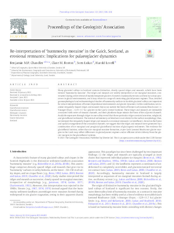 Re-interpretation of ‘hummocky moraine’ in the Gaick, Scotland, as erosional remnants: Implications for palaeoglacier dynamics Thumbnail