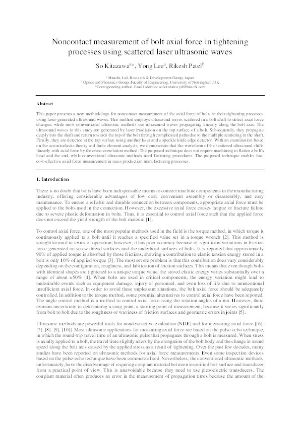 Noncontact measurement of bolt axial force in tightening processes using scattered laser ultrasonic waves Thumbnail