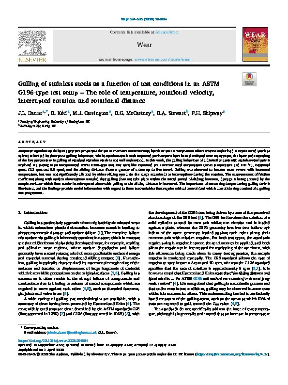 Galling of stainless steels as a function of test conditions in an ASTM G196-type test setup – The role of temperature, rotational velocity, interrupted rotation and rotational distance Thumbnail