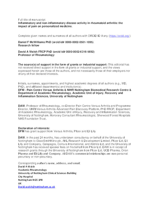 Inflammatory and Noninflammatory Disease Activity in Rheumatoid Arthritis: The Effect of Pain on Personalized Medicine Thumbnail