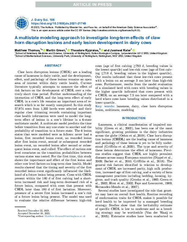 A multistate modeling approach to investigate long-term effects of claw horn disruption lesions and early lesion development in dairy cows Thumbnail