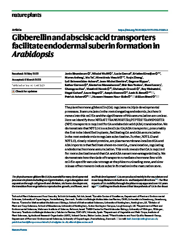 Gibberellin and abscisic acid transporters facilitate endodermal suberin formation in Arabidopsis Thumbnail