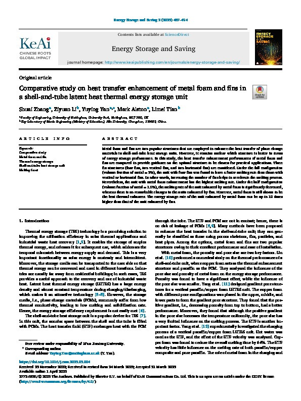 Comparative study on heat transfer enhancement of metal foam and fins in a shell-and-tube latent heat thermal energy storage unit Thumbnail