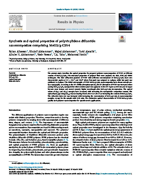 Synthesis and optical properties of polyvinylidene difluoride nanocomposites comprising MoO3/g-C3N4 Thumbnail