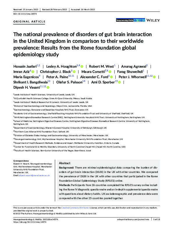 The national prevalence of disorders of gut brain interaction in the United Kingdom in comparison to their worldwide prevalence: Results from the Rome foundation global epidemiology study Thumbnail