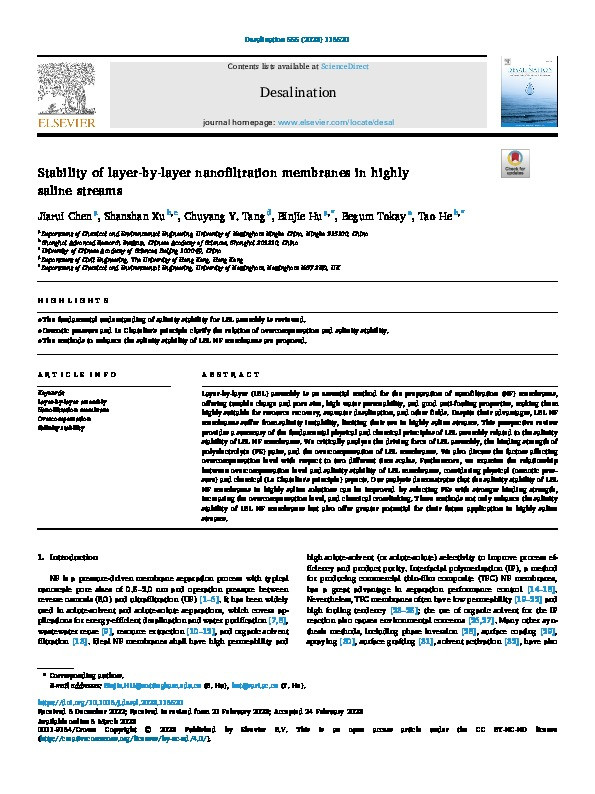 Stability of layer-by-layer nanofiltration membranes in highly saline streams Thumbnail