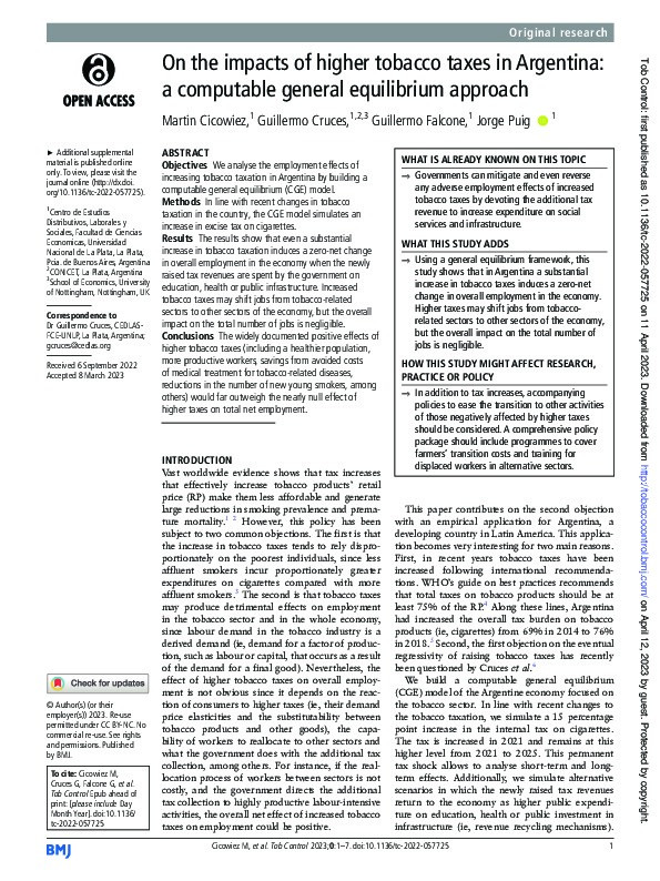 On the impacts of higher tobacco taxes in Argentina: a computable general equilibrium approach Thumbnail