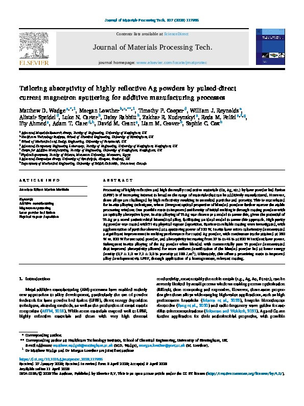 Tailoring absorptivity of highly reflective Ag powders by pulsed-direct current magnetron sputtering for additive manufacturing processes Thumbnail