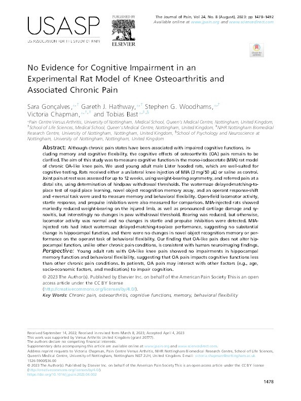 No Evidence for Cognitive Impairment in an Experimental Rat Model of Knee Osteoarthritis and Associated Chronic Pain Thumbnail