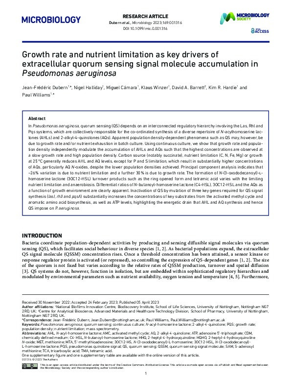 Growth rate and nutrient limitation as key drivers of extracellular quorum sensing signal molecule accumulation in Pseudomonas aeruginosa Thumbnail