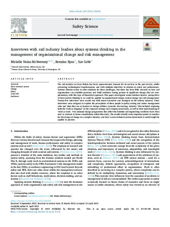 Interviews with rail industry leaders about systems thinking in the management of organisational change and risk management Thumbnail