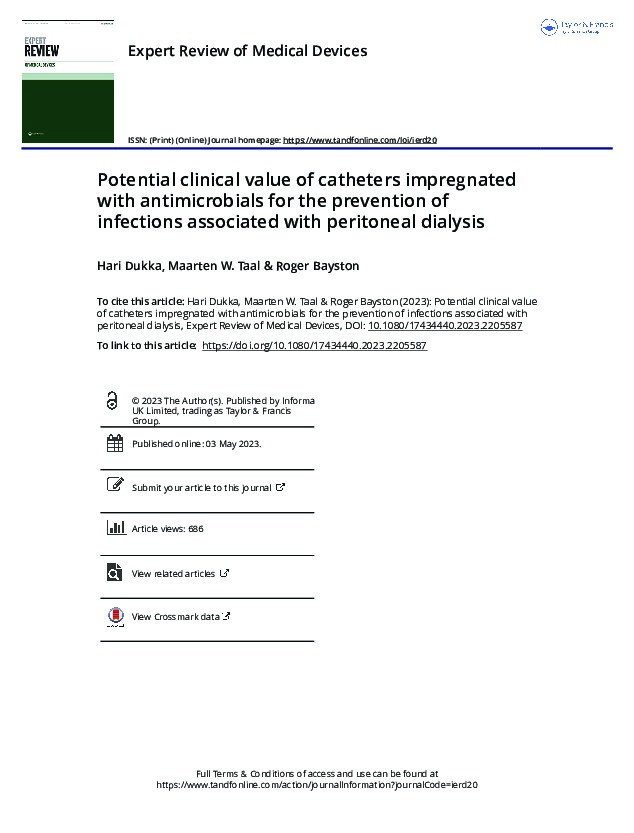 Potential clinical value of catheters impregnated with antimicrobials for the prevention of infections associated with peritoneal dialysis Thumbnail