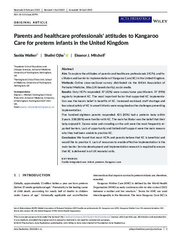 Parents and healthcare professionals' attitudes to Kangaroo Care for preterm infants in the United Kingdom Thumbnail