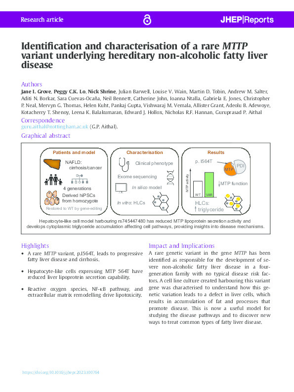 Identification and characterisation of a rare MTTP variant underlying hereditary non-alcoholic fatty liver disease Thumbnail