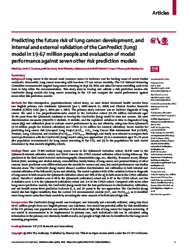 Predicting the future risk of lung cancer: development, and internal and external validation of the CanPredict (lung) model in 19·67 million people and evaluation of model performance against seven other risk prediction models Thumbnail