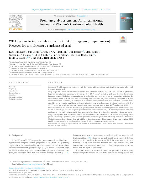 WILL (When to induce labour to limit risk in pregnancy hypertension): Protocol for a multicentre randomised trial Thumbnail