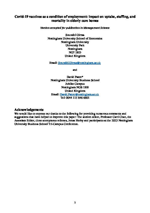 Covid-19 Vaccines As a Condition of Employment: Impact on Uptake, Staffing, and Mortality in Elderly Care Homes Thumbnail