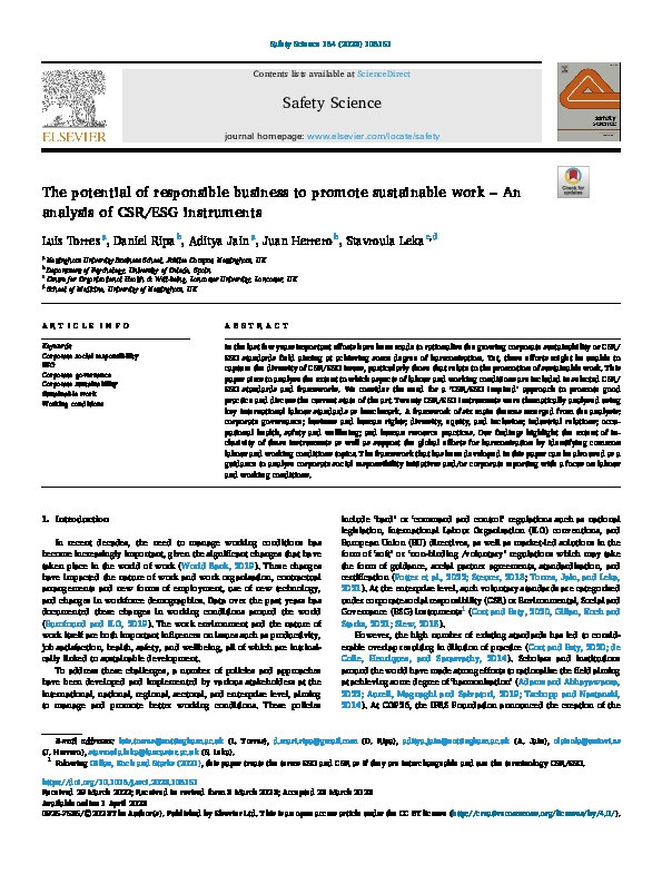 The potential of responsible business to promote sustainable work – An analysis of CSR/ESG instruments Thumbnail