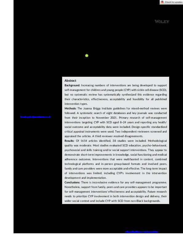 Self-management interventions for children and young people with sickle cell disease: A systematic review Thumbnail