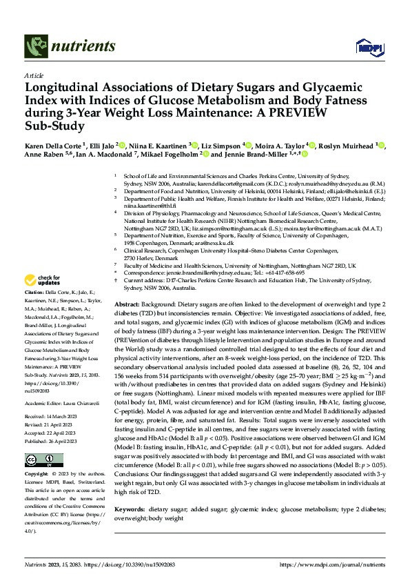 Longitudinal Associations of Dietary Sugars and Glycaemic Index with Indices of Glucose Metabolism and Body Fatness during 3-Year Weight Loss Maintenance: A PREVIEW Sub-Study Thumbnail