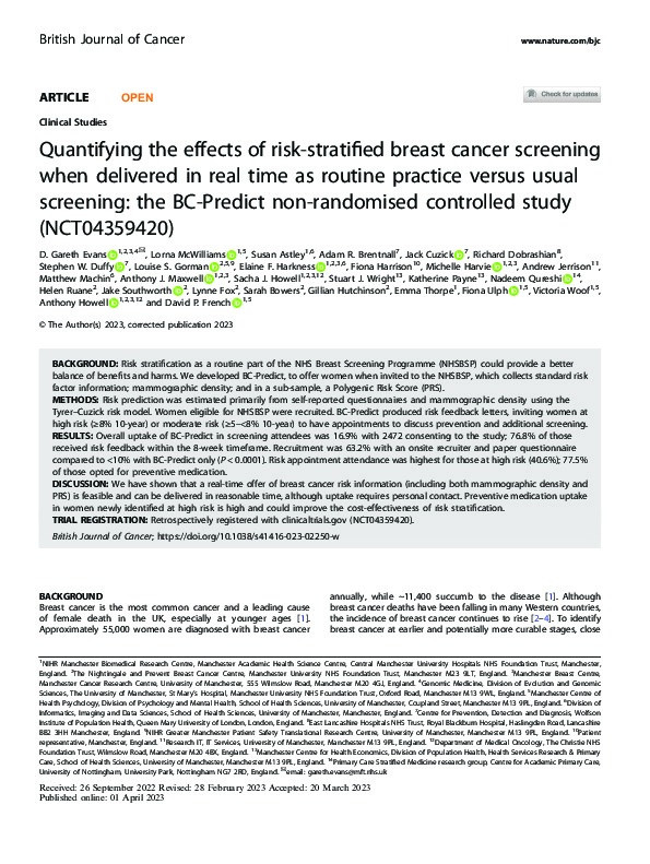 Correction To: Quantifying the effects of risk-stratified breast cancer screening when delivered in real time as routine practice versus usual screening: the BC-Predict non-randomised controlled study (NCT04359420) Thumbnail