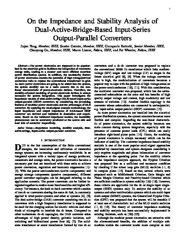 On the Impedance and Stability Analysis of Dual-Active-Bridge-Based Input-Series Output-Parallel Converters in DC Systems Thumbnail